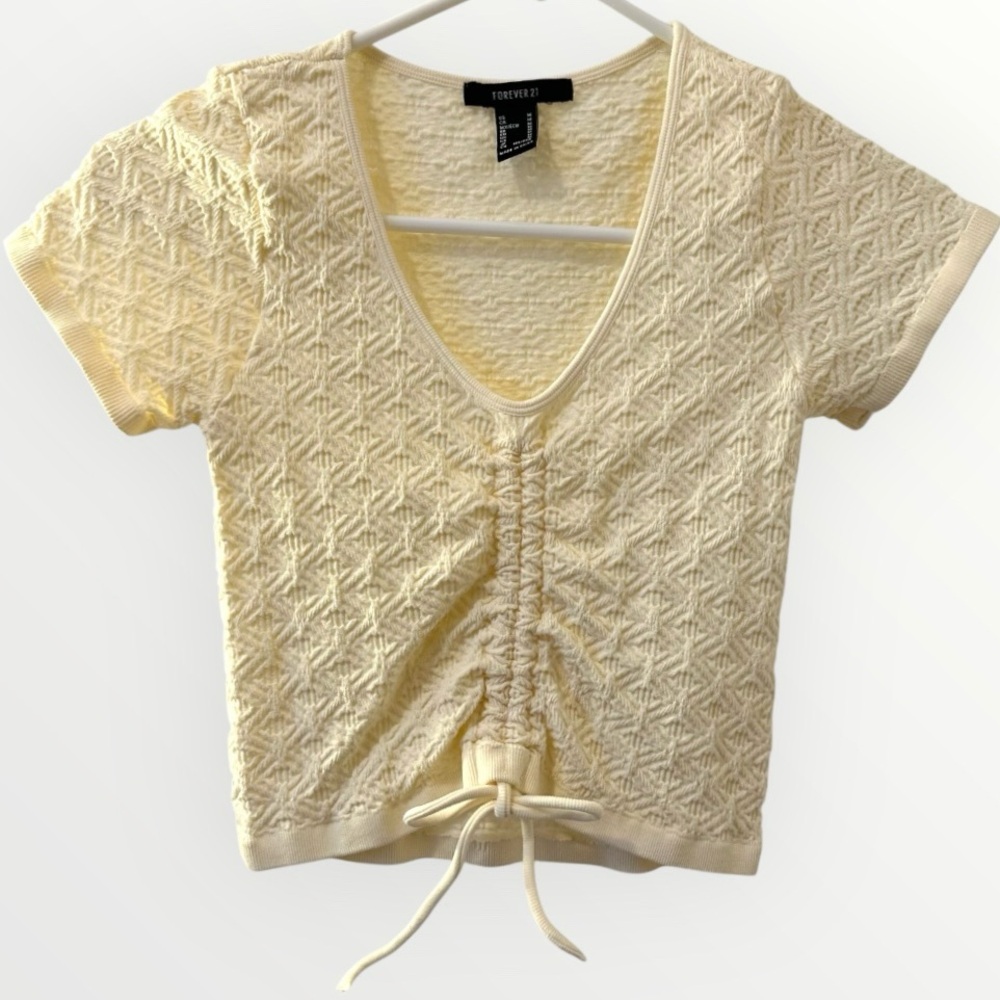 Cream Textured Ruched Front Tie Crop Top